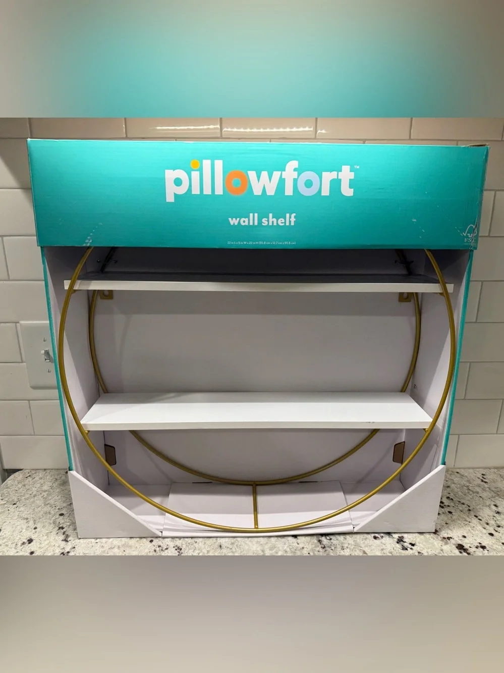 Pillowfort Gold Circular Metal Wall Shelf with White Shelves - NIB